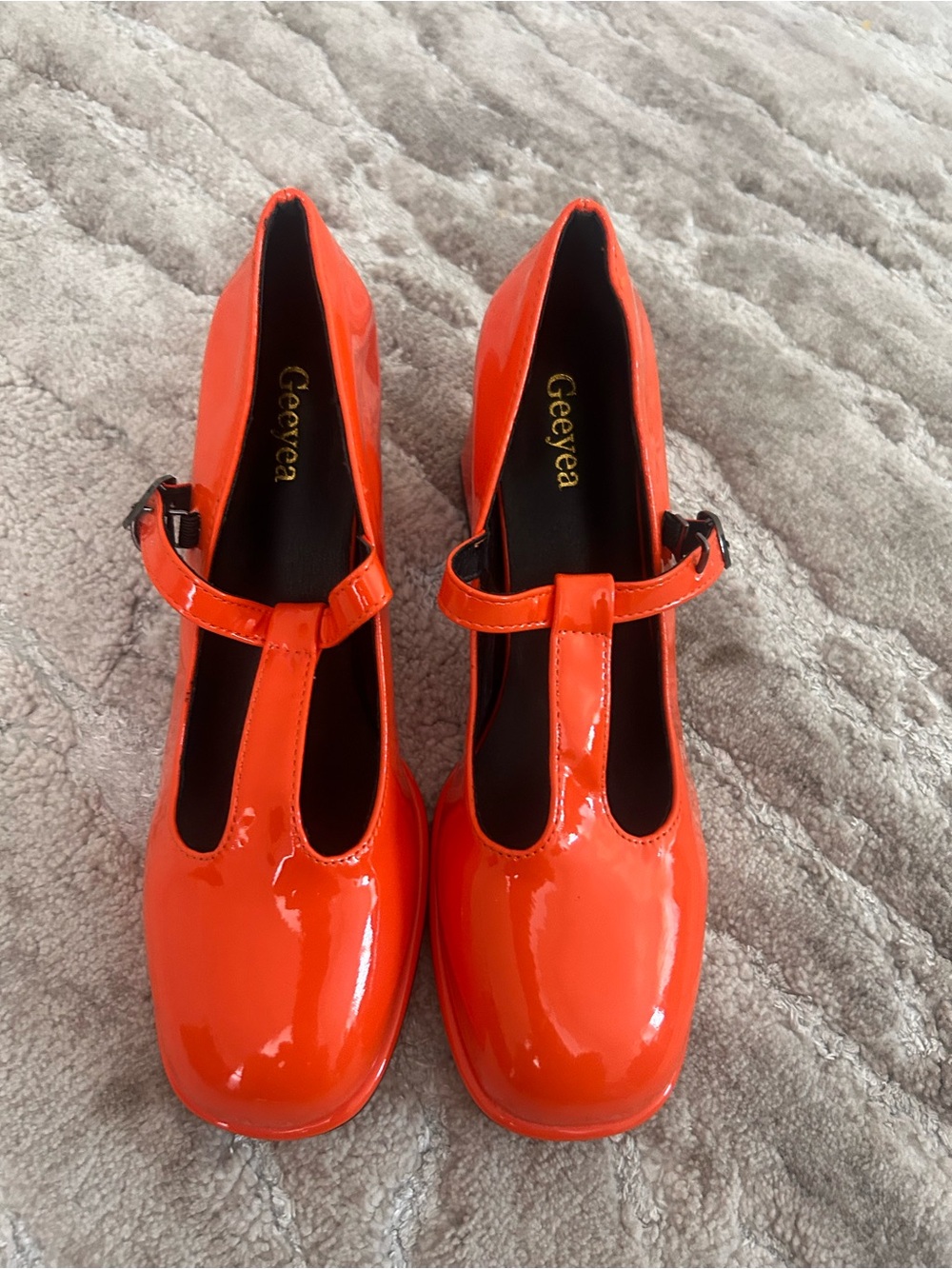 Geevea Patent T-Strap Pumps in Bright Orange